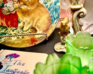 Lots of gnome plates upstairs. See the small chickadee lamp?
