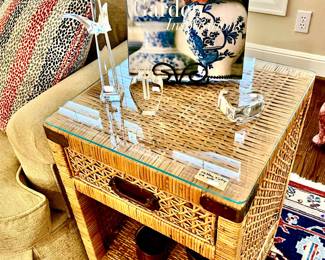 Vintage campaign style rattan end table.