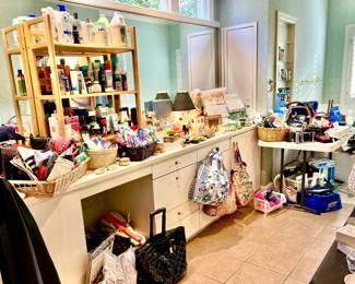 Stuffed Master Bathroom with perfume, cologne, toiletries.