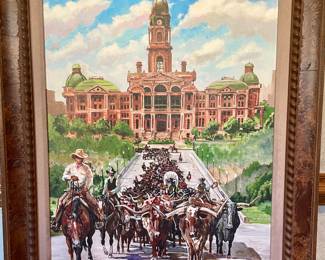Stille Read, local Fort Worth artist, oil painting. Cattle Drive in front of Tarrant County Courthouse. so fun!