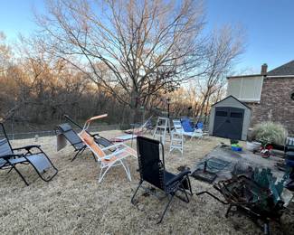 anti-gravity lounge chairs, stadium chairs, ladder, hammock, shepherd's hooks, bird feeders, metal border edging, planters