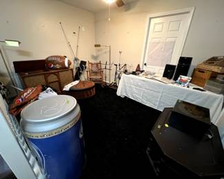 Never used 50th Anniversary Dallas Cowboys grill-sold, blow up footballs, vintage console, rocker, mic stands, guitar stand-sold, back drop stands, lamps-sold, speakers, baskets,