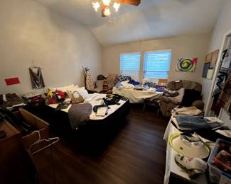 Bed, linens, towels, frames, hats, men's belts, clothing