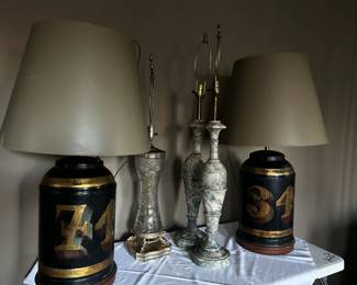 Tole painted milkcan lamps, tall marble lamps, cut crystal lamp