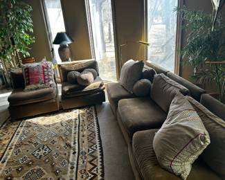 Modular seating, Kilim rug, Glass top sofa table in the music room