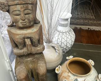 Tall carved Indonesian figure, MANY large pots and planters from Ital