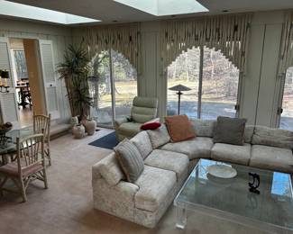 Sunken LR with cool, shaggy window treatments