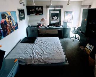 Large original Howard Behrens painting, contemporary gray laminate furniture, toy bank collection