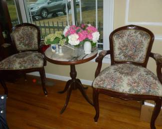 Pair of vintage upholstered arm chairs & marble-top table