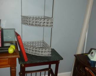 Corner shelf, marble-top table w/magazine rack