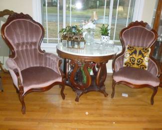 Beautiful pair of carved antique chairs and antique marble-top table w/lyre base..very unique!