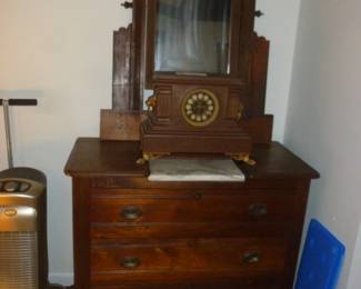 Antique dresser w/marble inset, antique clock, and antique mirror that's from another piece