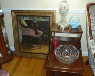 mahogany end table, crystal lamp, mirror, etc