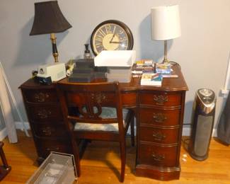 Vintage mahogany desk & chair, etc