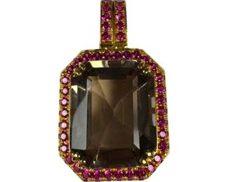 22kt Yellow Gold Smokey Quartz and Ruby Pendant