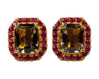 22kt Yellow Gold Smokey Quartz and Ruby Earrings