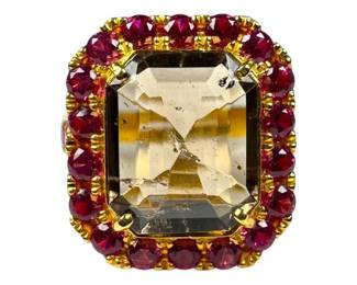 22kt Yellow Gold Smokey Quartz and Ruby Ring