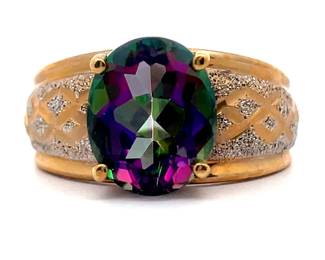 Mystic Topaz Solitaire Estate Ring in Texture & Bright Shine 14k Gold