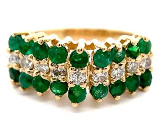 0.30 Carat Diamond & Emerald Triple Row Chevron Cluster Ring in 14k Yellow Gold