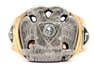 Vintage Estate! Gent's Diamond Vintage Masonic Double-Headed Eagle 32nd Degree Ring in 14k Two-Tone Gold