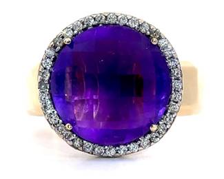 Round Checkerboard Cut Amethyst & Diamond Halo Ring in 14k Yellow Gold