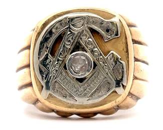 Vintage Estate! Gent's Diamond Masonic Ring in 14k Two-Tone Gold