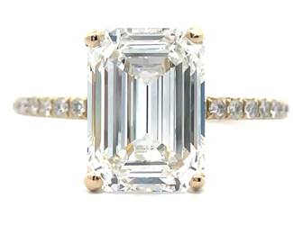 4.40 Carat Diamond Emerald Cut Hidden Halo Pavé Ring in 14k Yellow Gold