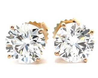NEW! 4 Carat Round Brilliant Cut Solitaire Stud Earrings in 14k Yellow Gold
