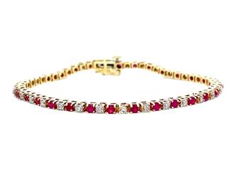 Classic 0.15 Carat Diamond & Ruby Tennis Bracelet in 14k Yellow Gold