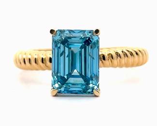 Emerald Cut 3 Carat Fancy Blue Diamond Solitaire Engagement Ring in 14k Yellow Gold