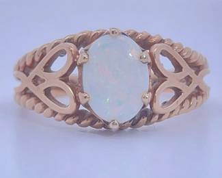 White Opal Split Shank Twisted Rope Heart Ring in Yellow Gold