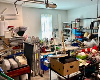 Tools, ladder, desk, Knick knacks, lamp shade, curtains, so much more