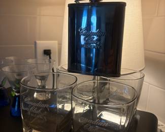 Canadian Club Whiskey glasses and flask