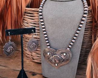 Western Bronze Horse Necklace Earrings Set