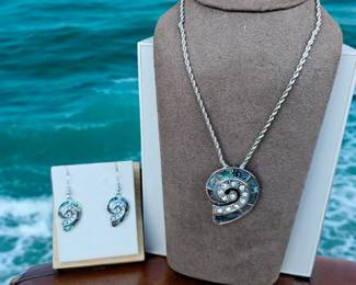 Nautilus Abalone Shell Necklace Earring Set