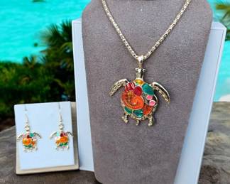 Ocean Sea Turtle Colorful Necklace Matching Earrings 