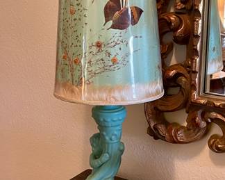 MCM VAN BRIGGLE LAMP WITH BUTTERFLY LAMPSHADE AND CANDLESTICKS