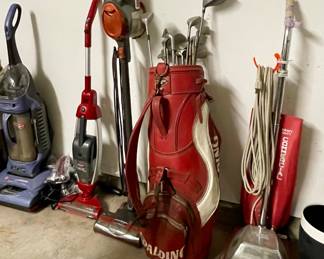 HOOVER , BISSELL, & QUICK KLEEN VACUUMS, SPALDING GOLF BAG WITH PING & TAYLOR MADE GOLF CLUBS
