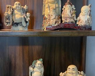 VINTAGE HAPPY BUDDHA WITH CHILDREN ASIAN STATUES, SET OF 3 CHINESE FIGURES DEPICTING THREE STAR GODS, TRAVELING BUDDHA STATUE