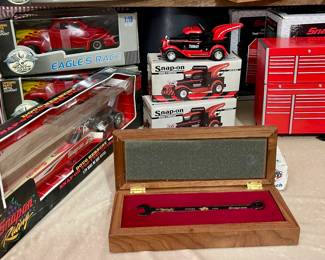 SNAP-ON TOOL COMMEMORATIVE WRENCH, SNAP-ON 1:25 MODEL A WRECKER, DOUG HERBERT SNAP-ON TOP FUEL DRAGSTER 1/24, UNIVERSAL HOBBIES DIE CAST EAGLE’S RACE 1:18