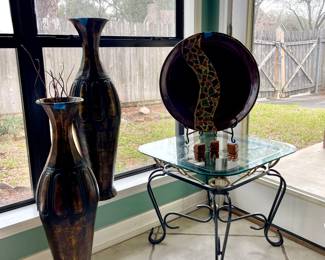 METAL GLASS-TOP END TABLE (HAVE 2), METAL VASES