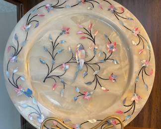 MARBLE PLATE WITH INLAID FLOWERS AND BIRD