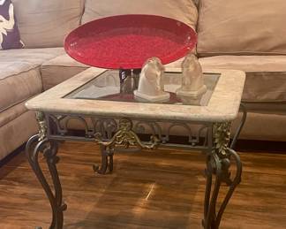 METAL GLASS-TOP END TABLE, VINTAGE SATIN GLASS HORSE BOOKENDS
