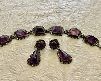 VINTAGE STERLING SILVER WITH AMETHYST STONES BRACELET AND EARRINGS