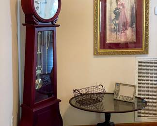 GRANDMOTHER CLOCK, VINTAGE COFFEE TABLE, FRAMED PRINT