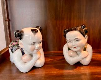 PAIR OF CHINESE BOY/GIRL PILLOW HEADREST FIGURES