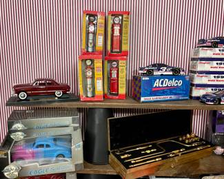 MIRA 1949 FORD REPLICA, SNAP-ON LIMITED EDITION DIE CAST GAS PUMP BANKS, ACDELCO DALE EARNHARDT JR. 1:24 SCALE STOCK CAR, SNAP-ON 1992 18PC COLLECTORS GOLD PLATED 3/8” DRIVE SERVICE SET