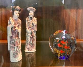 ART GLASS PAPERWEIGHT, ASIAN HAND CARVED RESIN STATUES