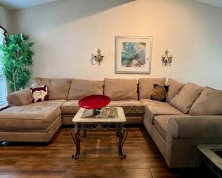 SUEDE SECTIONAL COUCH, FAUX PLANTS