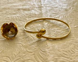 MCM 14K GOLD SMOKY TOPAZ RING, 14K GOLD BYPASS BANGLE BRACELET